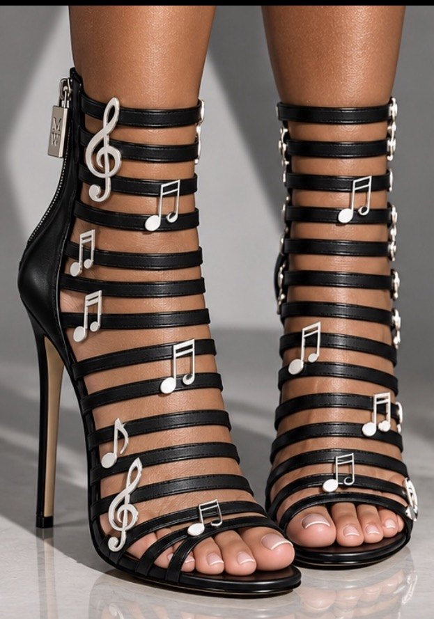 Music To My Ears black and silver heel with music note charms